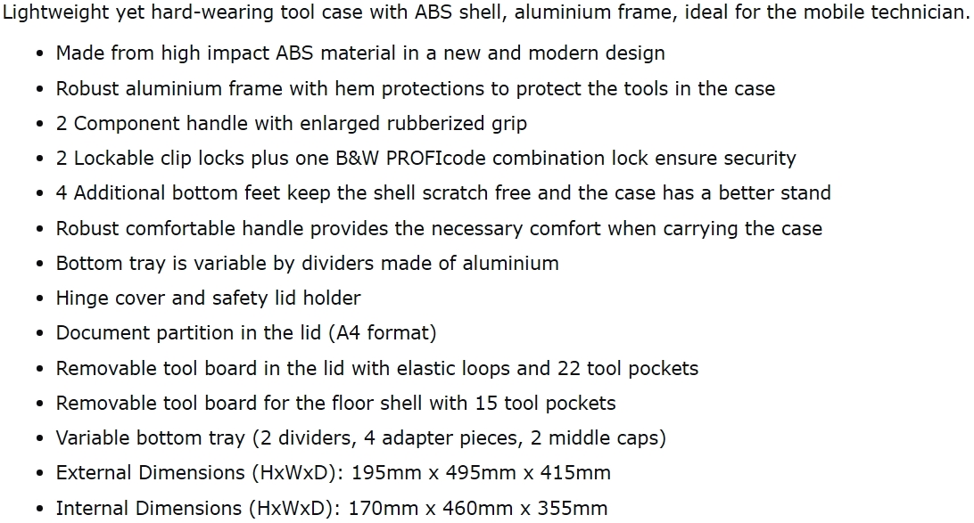 מזוודת טכנאים לכלי עבודה BW INTERNATIONAL 120.02 L TEXT